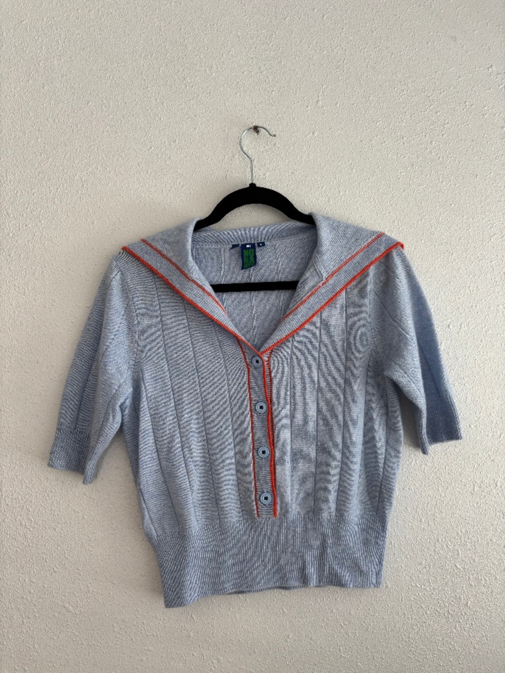 NONAME CASHMERE 002 Blue Sailor Collar 100% Cashmere Knit Short Sleeve Sweater
